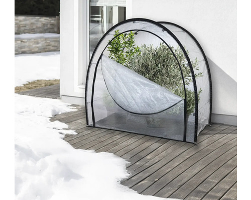 Tunnel de serre avec des plantes sur une terrasse en bois en hiver