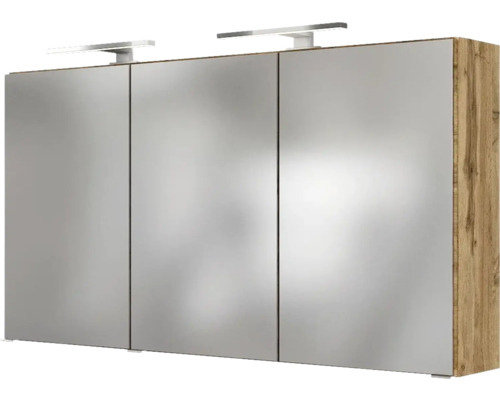 Spiegelschrank für das Badezimmer mit drei Türen, Korpus in Holzoptik und zwei LED Aufsatzleuchten.