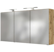 Dreitüriger Spiegelschrank für das Badezimmer mit Korpus in Holzoptik und zwei LED-Leuchten.