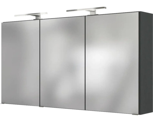 Armoire de toilette avec trois portes, deux lampes LED et corps sombre pour la salle de bain.
