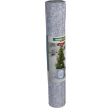 Logo Windhager. Un rouleau de non-tissé de jardin gris avec une illustration d'un petit arbre de Noël décoré dans un pot.