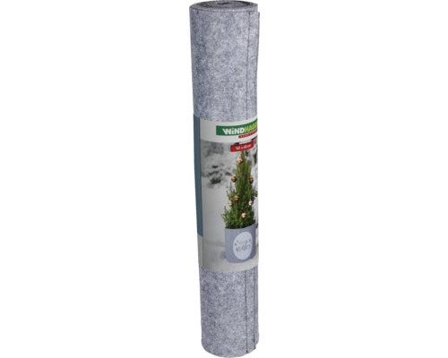 Logo Windhager. Un rouleau de non-tissé de jardin gris avec une illustration d'un petit arbre de Noël décoré dans un pot.