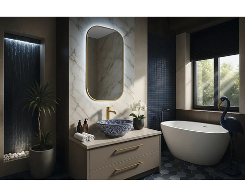 Modernes Badezimmer mit Waschtisch, Spiegel, Badewanne und Dekoration