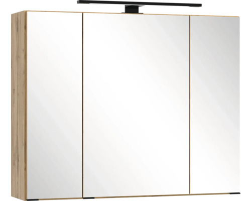 Armoire de toilette pour salle de bains avec trois portes miroirs, une lampe intégrée noire et un corps aspect bois.
