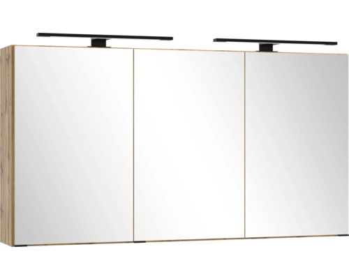 Dreitüriger Spiegelschrank für das Badezimmer mit Holzkorpus und zwei schwarzen LED-Aufsatzleuchten.