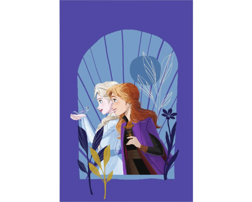 Illustration avec les personnages Elsa et Anna du film La Reine des neiges, représentés dans une scène avec des plantes et un fond bleu clair