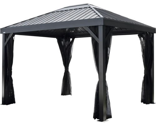 Pavillon avec cadre en métal et rideaux