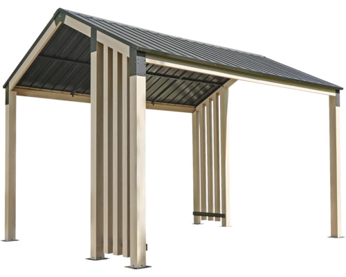 Freistehende Überdachung mit Satteldachkonstruktion.