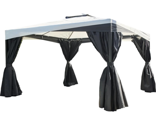 Pavillon mat Gardinen fir dobaussen