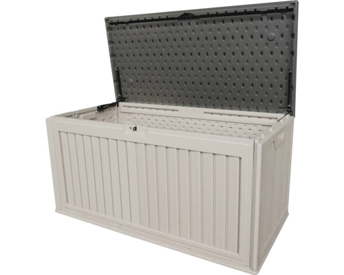 Geöffnete Gartenbox aus Kunststoff zur Aufbewahrung von Gartengeräten und Kissen