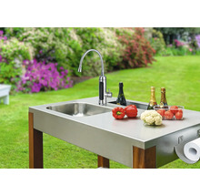 Cuisine extérieure avec évier, robinet, légumes, champagne et support pour essuie-tout dans le jardin
