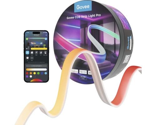 Ruban LED Govee COB Strip Light Pro avec contrôle par application smartphone, longueur de 3 mètres et design flexible avec dégradé de couleurs.