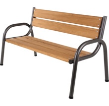 Banc de jardin avec lattes en bois et structure en métal foncé.