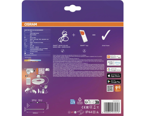 Verso de l emballage du ruban LED Osram Smart Plus Neon Flex 3 mètres avec Osram Logo, données techniques et compatibilité Smart Home.