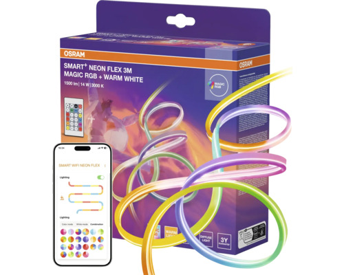 Ruban LED Osram Smart Plus Neon Flex 3 mètres Magic RGB et blanc chaud avec contrôle par application et télécommande.