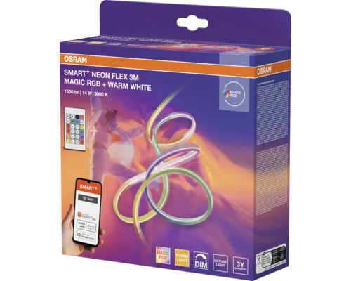 Ruban LED Osram Smart Plus Neon Flex, trois mètres, Magic RGB, blanc chaud, contrôlable par app et voix, dimmable, trois ans de garantie.