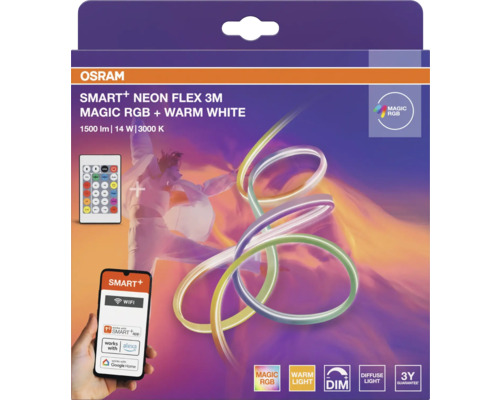 Bande LED Osram Smart+ Neon Flex, 3 mètres, Magic RGB et blanc chaud, contrôlable via app et télécommande, 1500 lumens, 14 watts, dimmable.