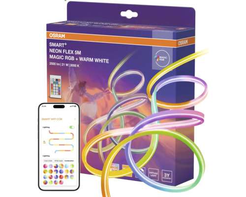 Ruban LED Osram Smart+ Neon Flex 5 mètres, Magic RGB et blanc chaud, commande par application et télécommande, lumière diffuse, 3 ans de garantie.