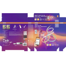 Emballage du ruban LED Osram Smart+ Neon Flex 5 mètres Magic RGB et blanc chaud avec Osram Logo et symboles de contrôle intelligent.