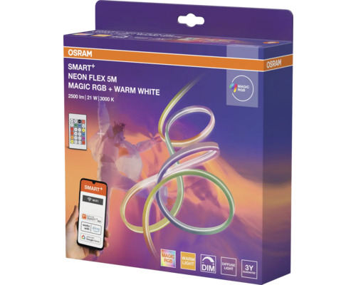 Emballage ruban LED Osram Smart Plus Neon Flex 5 mètres Magic RGB et blanc chaud avec télécommande et contrôle par application.