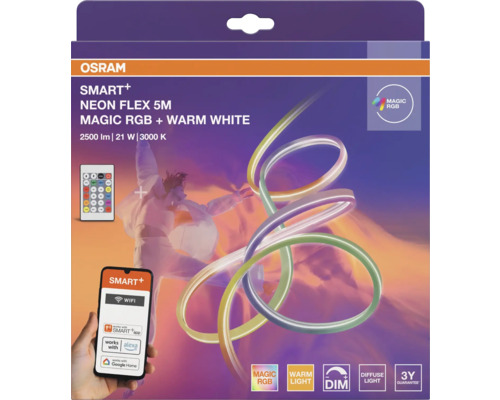 Bande LED OSRAM SMART+ NEON FLEX 5 mètres, Magic RGB et blanc chaud, dimmable, contrôlable par application ou télécommande.