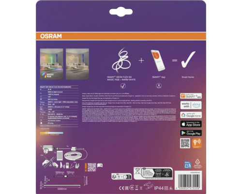 Informations sur le ruban LED OSRAM SMART+ Neon Flex 5M Magic RGB et blanc chaud avec caractéristiques techniques, dimensions et compatibilité Smart Home.