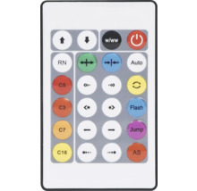 Télécommande pour le contrôle de la lumière avec touches pour la sélection des couleurs, la luminosité et les modes Flash et Jump.