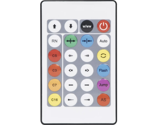 Télécommande pour le contrôle de la lumière avec touches pour la sélection des couleurs, la luminosité et les modes Flash et Jump.