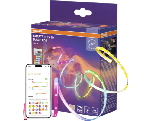 Kit de ruban LED OSRAM Smart+ Flex 3 mètres Magic RGB avec télécommande, commande par smartphone et trois ans de garantie.