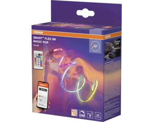 Ruban LED OSRAM SMART PLUS FLEX 3 mètres MAGIC RGB, 15,5 watts, Wi-Fi, contrôle par application, télécommande incluse et 3 ans de garantie.