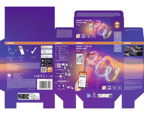 Emballage ruban LED Osram Smart Plus Flex 3 mètres Magic RGB, compatible avec maison intelligente et commande vocale.
