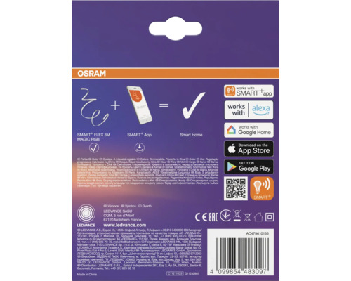 Dos de l emballage du ruban LED Osram Smart Plus Flex 3M Magic RGB avec instructions d installation pour Smart Home, Alexa et Google Home.