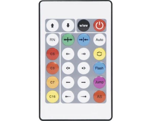 Télécommande blanche pour éclairage LED avec touches pour les modes de couleur, la luminosité et les programmes.