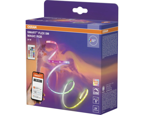 OSRAM Logo, ruban LED SMART+ FLEX 5 mètres MAGIC RGB, 24 Watt, contrôle par application, télécommande, gradable, mode musique, garantie de trois ans.