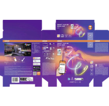 Logo Osram, emballage pour ruban LED Smart Plus Flex 5 mètres Magic RGB avec télécommande, contrôle par application et compatibilité maison connectée.