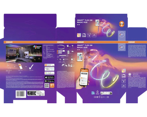Logo Osram, emballage pour ruban LED Smart Plus Flex 5 mètres Magic RGB avec télécommande, contrôle par application et compatibilité maison connectée.