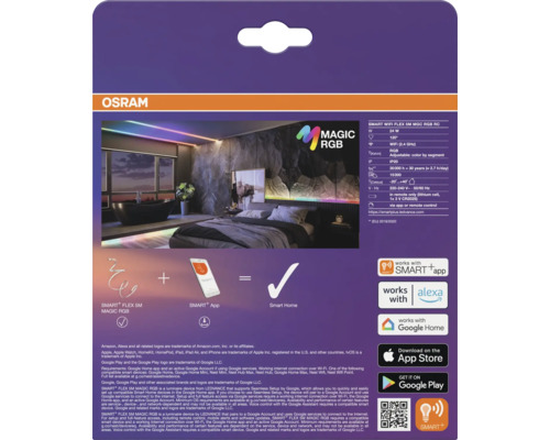 Dos de l emballage du ruban LED Osram Smart Plus Flex 5 mètres Magic RGB avec données techniques et compatibilité maison intelligente.