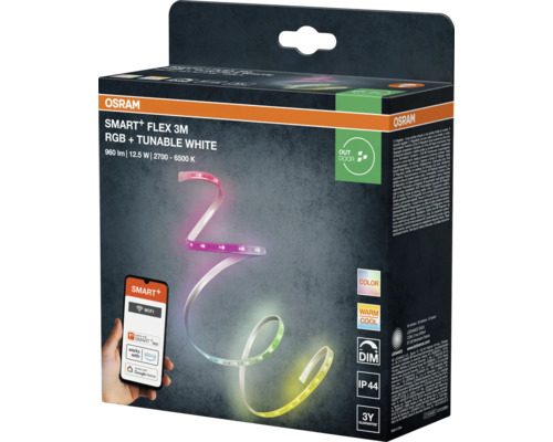 Ruban LED Osram Smart Plus Flex 3 mètres RGB et Tunable White pour extérieur, gradable et contrôlable via application ou assistant vocal.