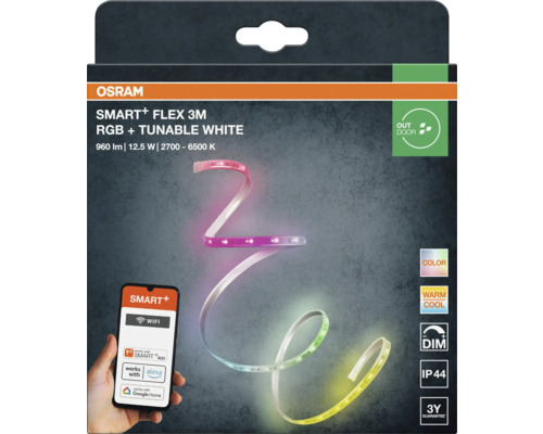 Ruban LED Osram Smart+ Flex pour extérieur, 3 mètres, RGB et blanc réglable, contrôlable par application, dimmable, IP44.