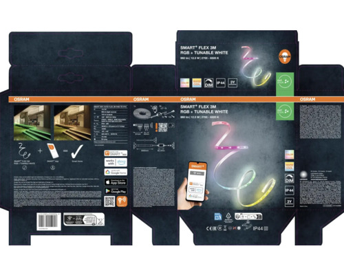 Ruban LED Osram Smart plus Flex 3 mètres RGB plus Tunable White pour extérieur, dimmable, compatible avec les applications de maison intelligente.