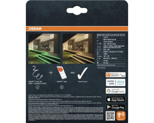 Ruban LED Osram Smart plus Flex 3 mètres, extérieur, RGB, Tunable White, Wi-Fi, IP44, contrôle par application, compatible Alexa et Google Home.
