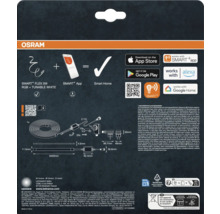 Arrière de l'emballage d'un ruban LED Osram Smart plus Flex avec détails techniques, dimensions et compatibilité pour systèmes de maison connectée.