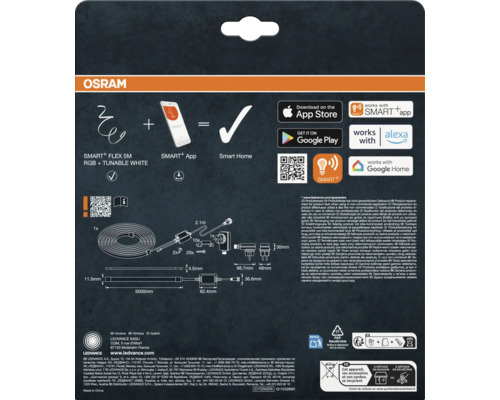 Arrière de l'emballage d'un ruban LED Osram Smart plus Flex avec détails techniques, dimensions et compatibilité pour systèmes de maison connectée.