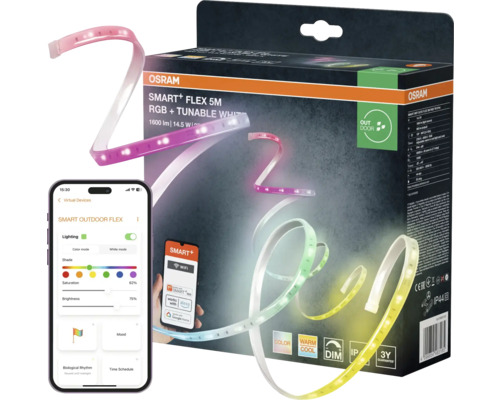 Ruban LED Osram Smart plus Flex 5 mètres RGB et Tunable White pour l'extérieur avec commande par application et emballage.