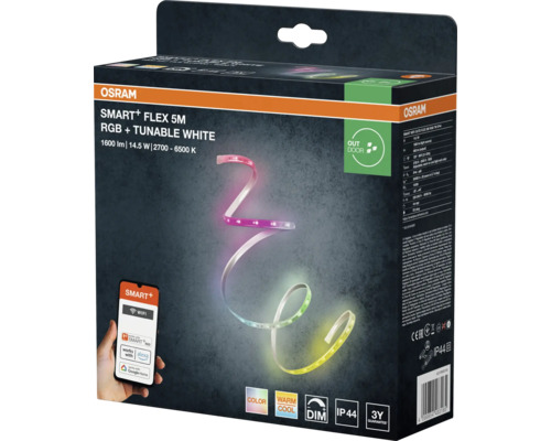 Ruban LED Osram Smart Plus Flex 5 mètres RGB et Tunable White pour extérieur, contrôle via application, protection IP44, intensité variable.