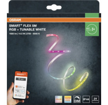 Logo Osram, ruban LED Smart Plus Flex 5 mètres pour extérieur, RGB et blanc réglable, 1600 lumens, contrôle Wi-Fi via application, IP44, réglable.