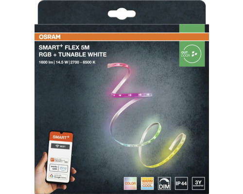 Logo Osram, ruban LED Smart Plus Flex 5 mètres pour extérieur, RGB et blanc réglable, 1600 lumens, contrôle Wi-Fi via application, IP44, réglable.