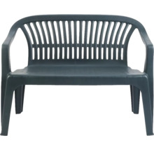 Banc de jardin vert foncé en plastique, 2 places, avec dossier haut et accoudoirs.