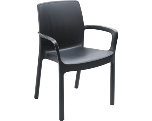 Chaise de jardin empilable avec accoudoirs en plastique anthracite.