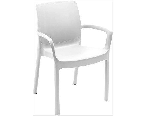 Chaise de jardin empilable en plastique blanc avec accoudoirs.